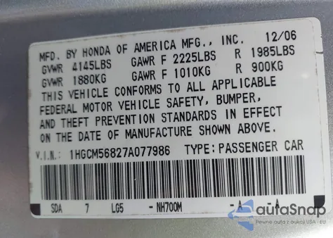 2007 Honda Accord 2.4 Ex из США, поврежденный, VIN 1HGCM56827A077986